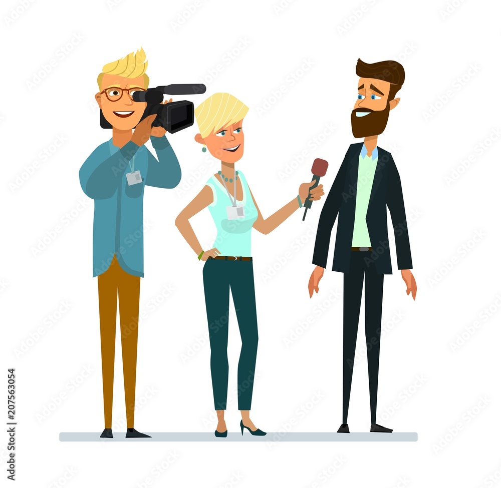 Journalists of news channels and radio stations are take interviewed. Characters videographer and photographer. Journalists of news channels and radio stations are take interviewed. Characters videographer and photographer.