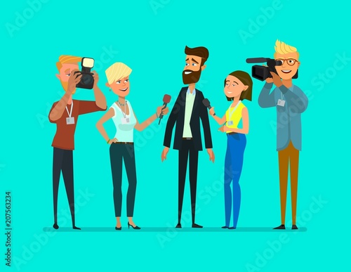 Journalists of news channels and radio stations are take interviewed. Characters videographer and photographer.