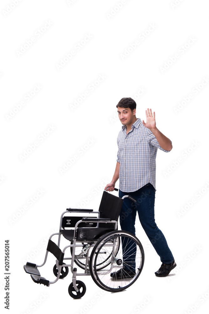 Caregiver with wheelchair isolated on white Caregiver with wheelchair isolated on white