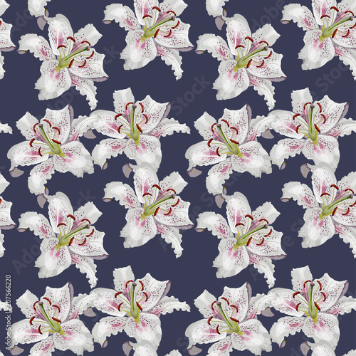 Seamless pattern with beautiful white oriental lily flowers on purple background. photo