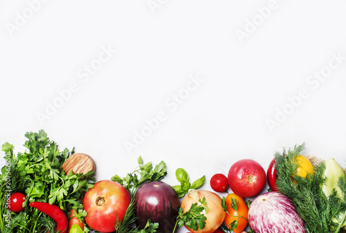 Food background, vegetarian concept, fresh vegetables and herbs, top view