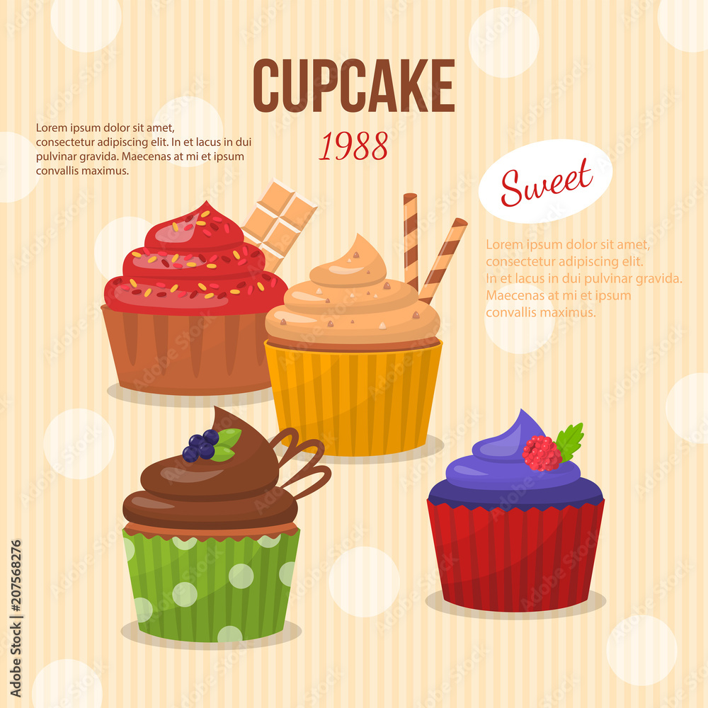 Cartoon set of cupcakes with different delicious Cartoon set of cupcakes with different delicious