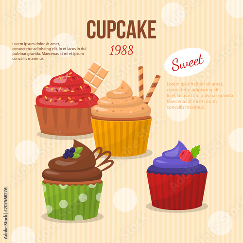 Cartoon set of cupcakes with different delicious