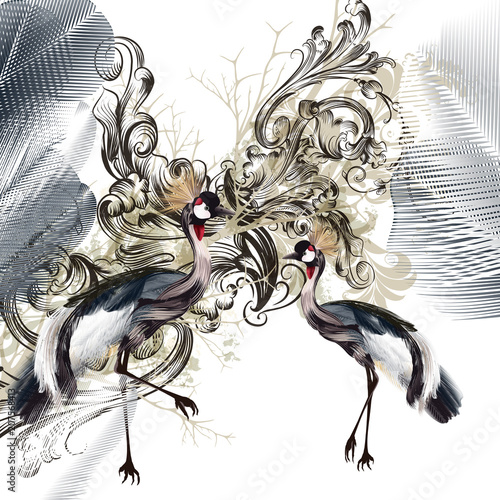 Elegant illustration with birds and swirls