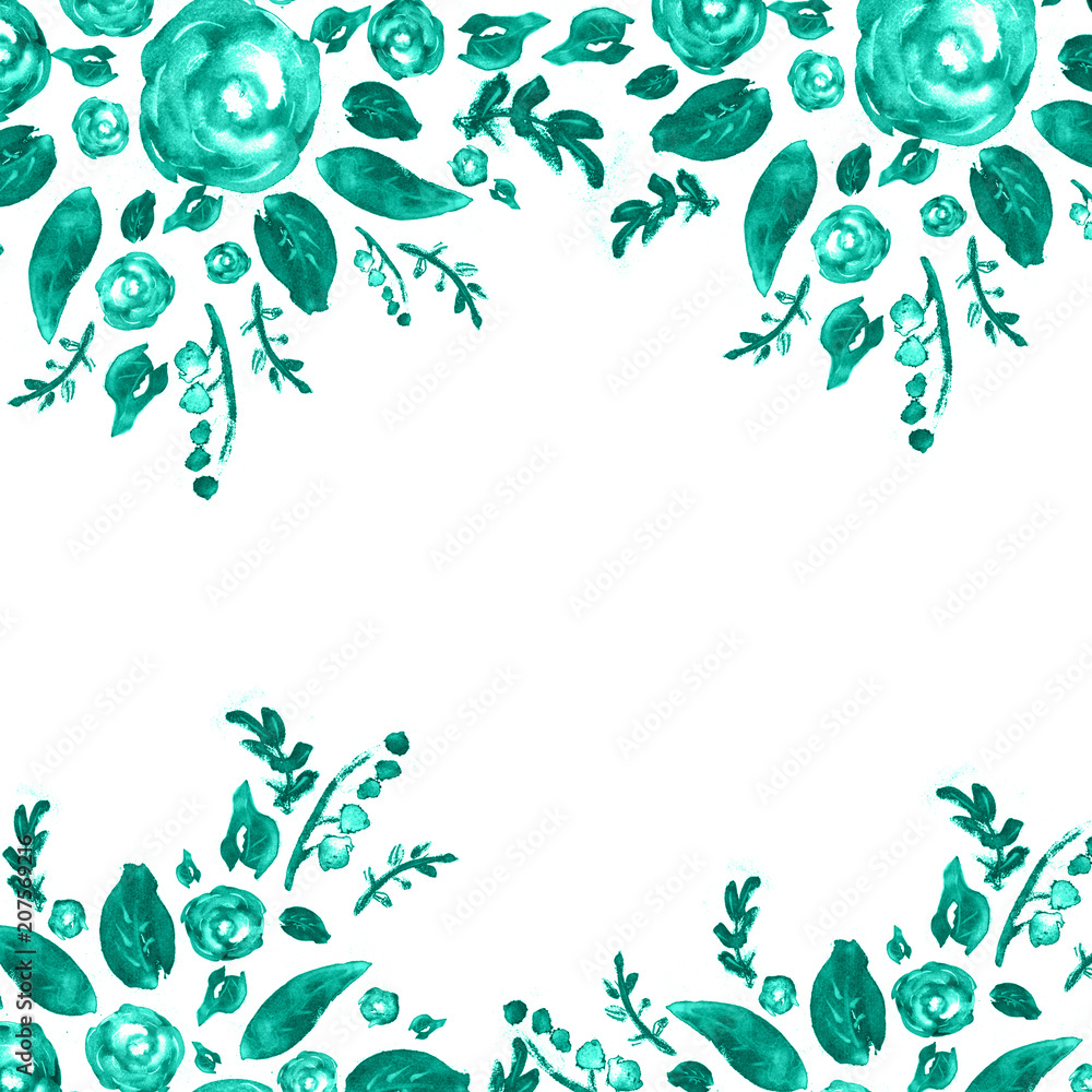 Obraz premium Painted watercolor composition with flowers and leaves. Frame of roses. Floral border. Can be used as invitation card for wedding, birthday, other holiday, summer background, poster, banner.