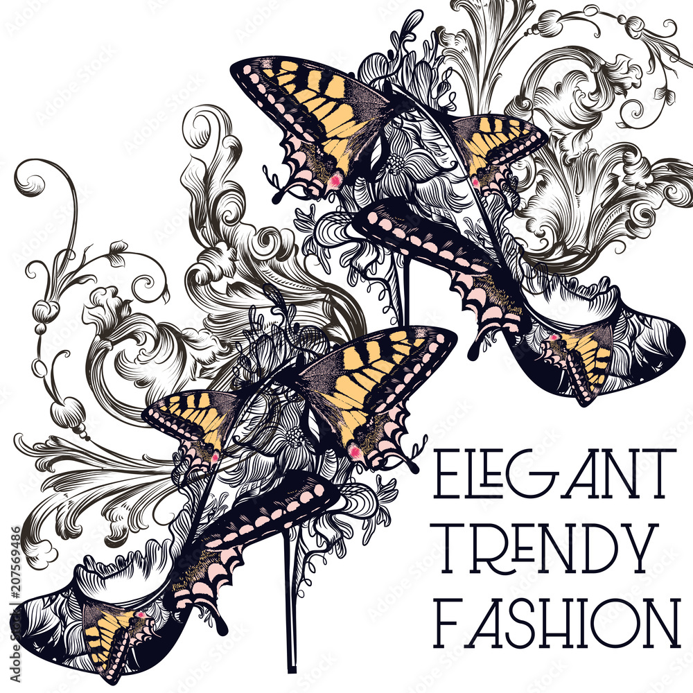 Fashion vector set with stylish female  shoes decorated by butterflies and swirls