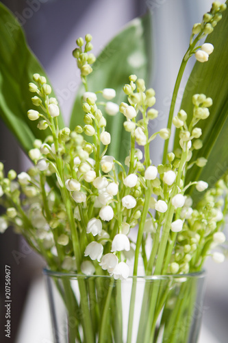 A bouquet of white flowers from lilies of the valley with green leaves standing in a glass on the windowsill
