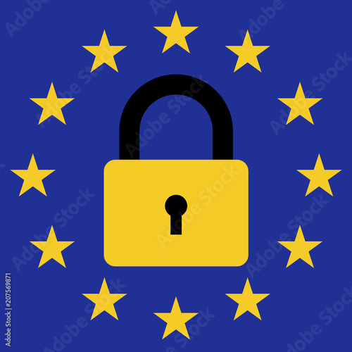 Sign prohibition of entry of migrants in the European Union, vector icon flag of the European Union with a closed lock symbol stop emigration