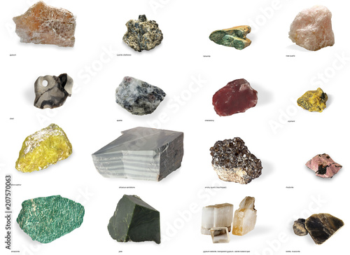 set from raw minerals and ores with names isolated on white background photo