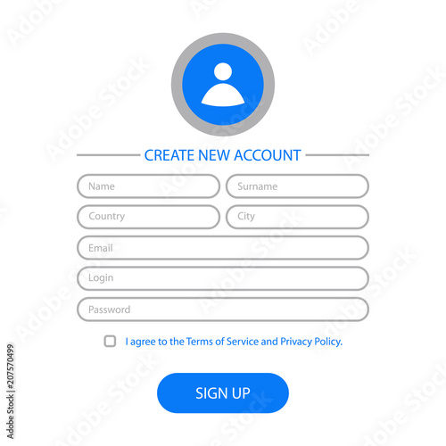 Create new account - web form design. Website user interface for registration page. Template for UI, GUI and UX. Vector illustration.