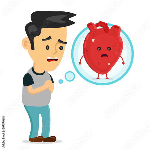 Sad sick young man with heart disease problem 