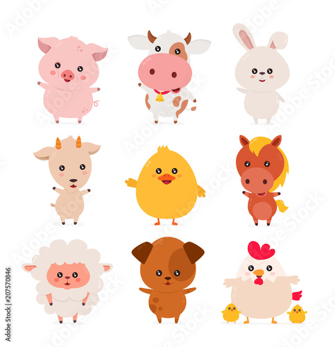 Cute funny smiling happy farm animals set