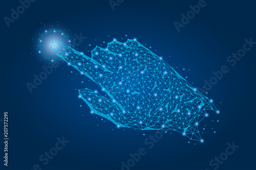 Hand touch the future. Futuristic illustration made of points, lines and illuminated polygonal shapes. Finger tap button. Vector.