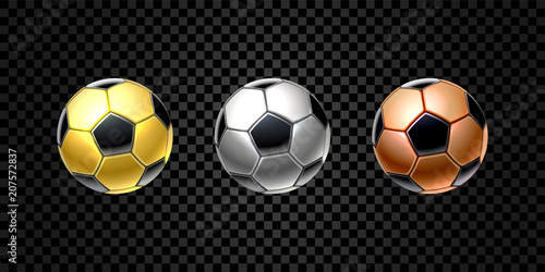 Vector set of 3d realistic football ball in golden, silver and bronze color for soccer isolated on transparent background. Reward, trophy, prize. Game equipment. Sports and competition theme