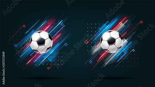 Football cup, soccer championship illustration set. Dynamic neon glowing lines isolated on black background. Realistic 3d ball. Holographic element for design cards, invitations, flyers brochures