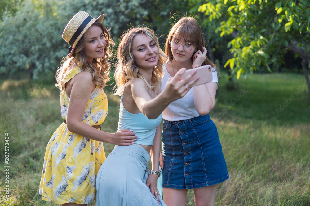 Group of girls friends making picnic outdoor. They make selfie photo from smartphone. bachelorette, party Group of girls friends making picnic outdoor. They make selfie photo from smartphone. bachelorette, party