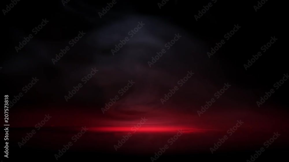 Crime scene blood droplets in light spot and cloud fog on black background. Red drops in fume smoke