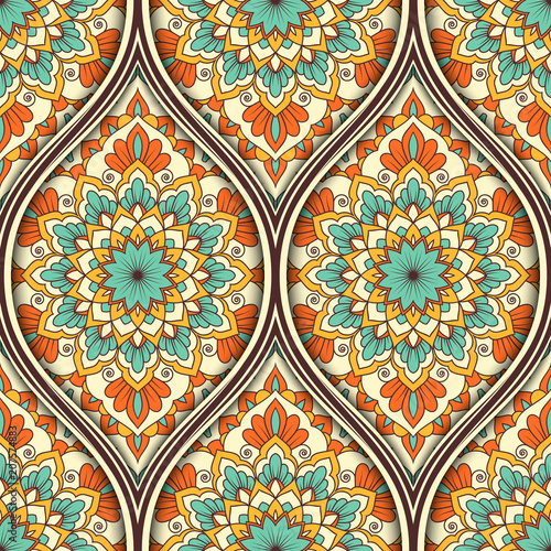 Seamless pattern with ethnic mandala ornament. Hand drawn vector illustration