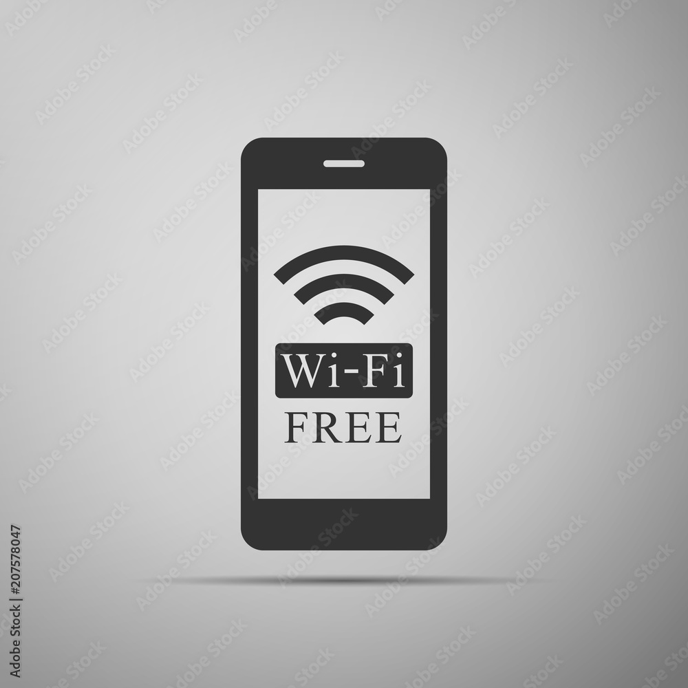 Smartphone with free wi-fi wireless connection icon isolated on grey background. Wireless technology, wi-fi connection, wireless network, hotspot concepts. Flat design. Vector Illustration Smartphone with free wi-fi wireless connection icon isolated on grey background. Wireless technology, wi-fi connection, wireless network, hotspot concepts. Flat design. Vector Illustration