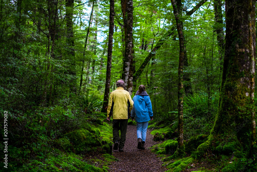 Dad and daughter walking together in the green nature that all covered with moss in the rainforest. Dad and daughter walking together in the green nature that all covered with moss in the rainforest.