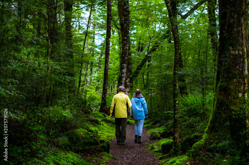 Dad and daughter walking together in the green nature that all covered with moss in the rainforest.