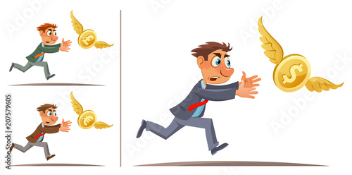 Businessman trying to catch dollar, euro, pound sterling. Cartoon styled vector illustration. Elements is grouped. On white background. No transparent objects.