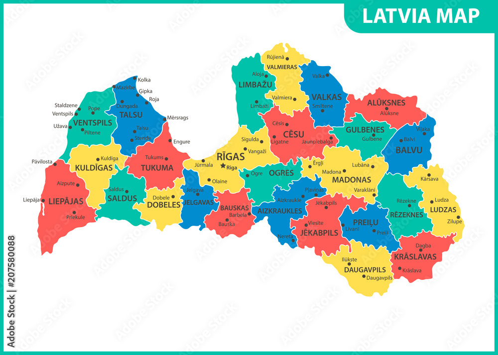 Obraz premium The detailed map of Latvia with regions or states and cities, capital. Administrative division