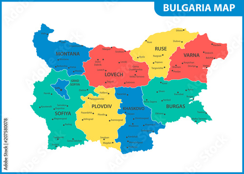 Canvas Print The detailed map of Bulgaria with regions or states and cities, capital
