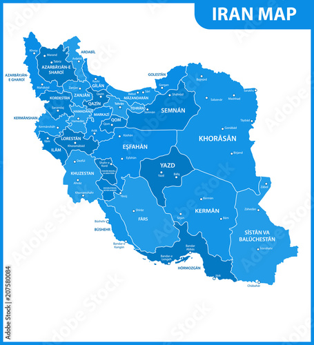The detailed map of Iran with regions or states and cities, capital. Administrative division.