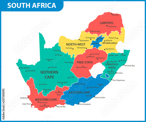 The detailed map of South Africa with regions or states and cities, capital. Administrative division