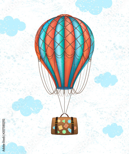 Vector conceptual art of hot air balloon with baggage. Concept of travel around the world.