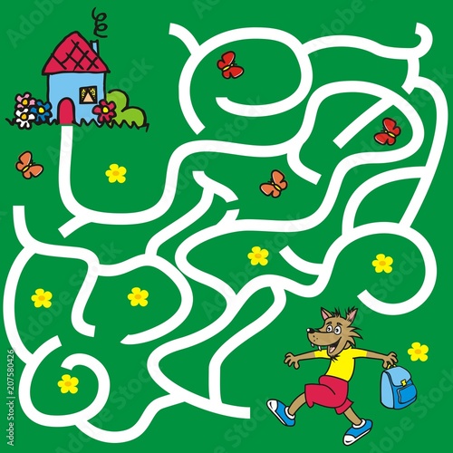 Labyrinth  game for children  wolf go to the house  find the right path  vector icon 