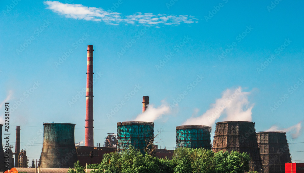 Industrial zone, Power plant with smoking chimneys or manufacturing factory, huge smokestacks with steam as environment pollution Industrial zone, Power plant with smoking chimneys or manufacturing factory, huge smokestacks with steam as environment pollution