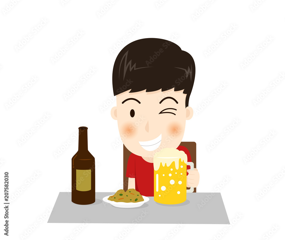 Cartoon a happy man character drinks beer with side dish isolated on white background - Vector illustration Cartoon a happy man character drinks beer with side dish isolated on white background - Vector illustration