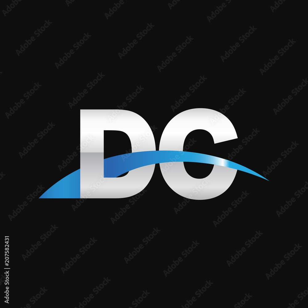 Initial letter DC, overlapping movement swoosh logo, metal silver blue color on black background Initial letter DC, overlapping movement swoosh logo, metal silver blue color on black background