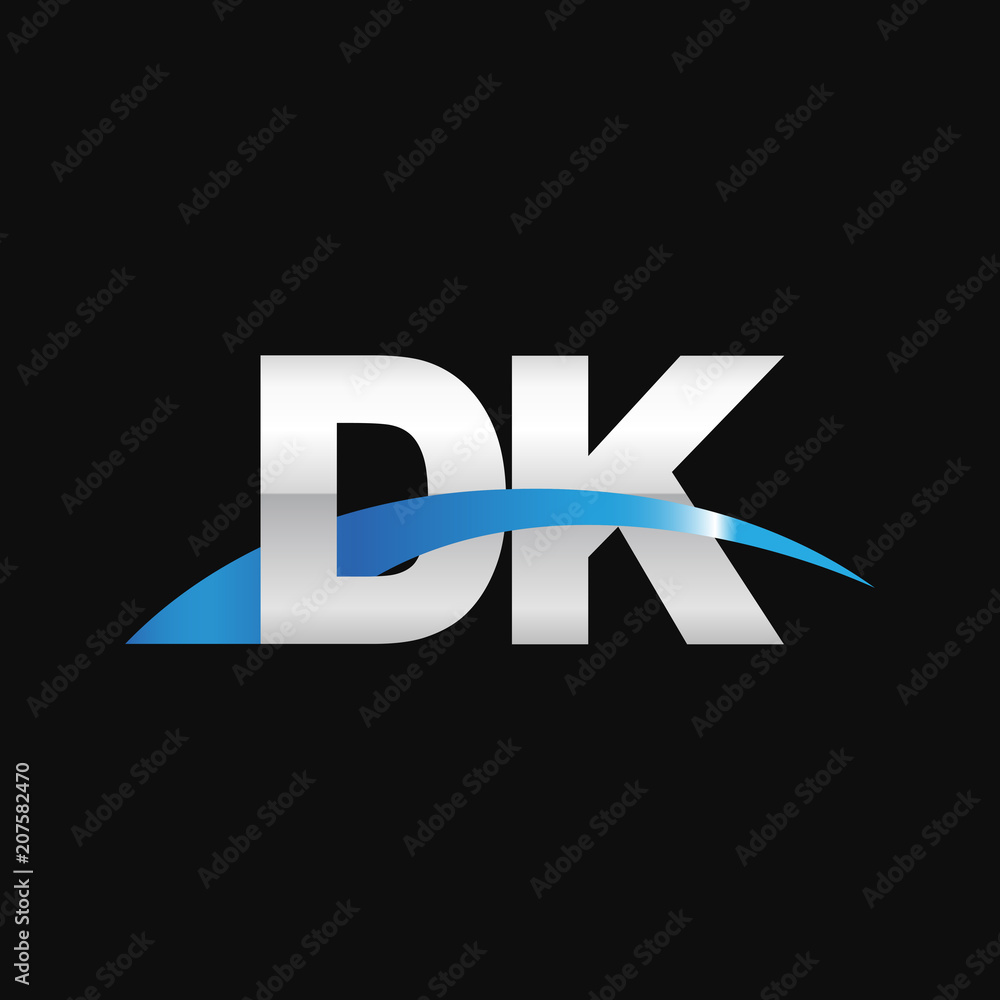 Initial letter DK, overlapping movement swoosh logo, metal silver blue color on black background Initial letter DK, overlapping movement swoosh logo, metal silver blue color on black background