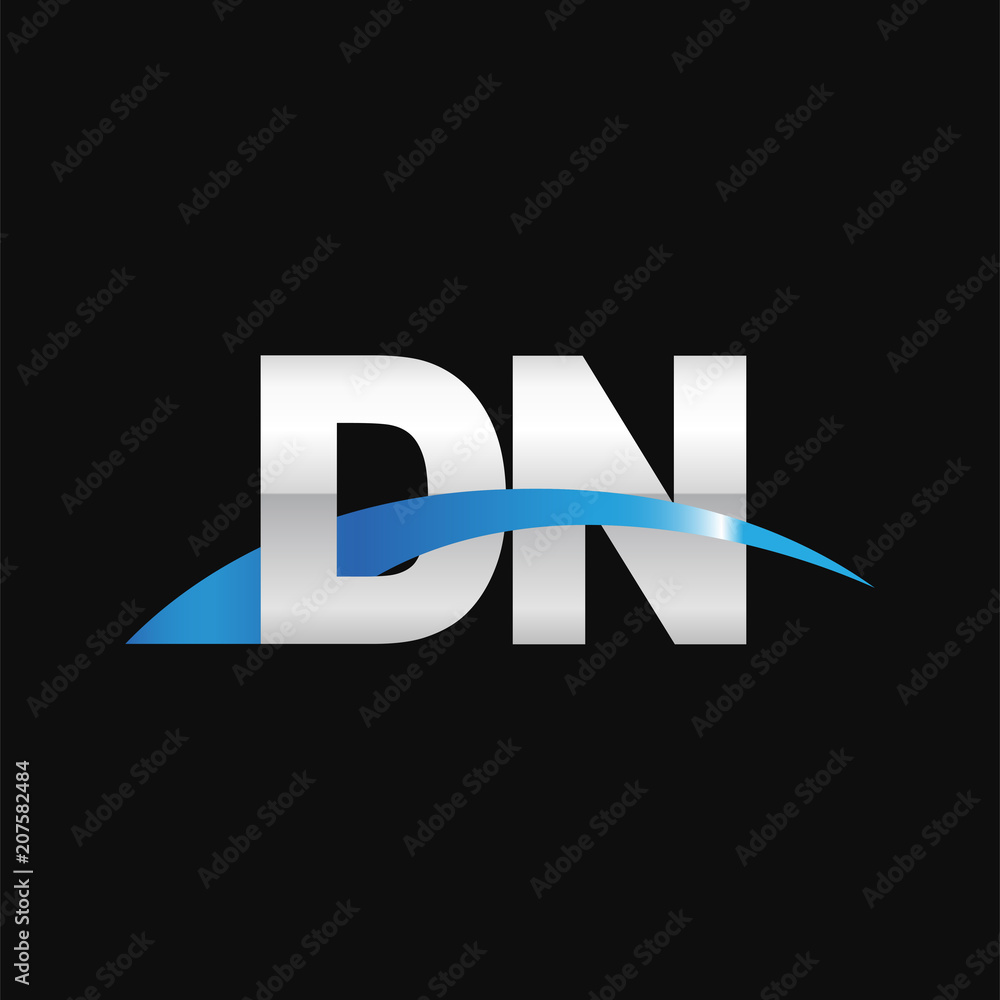 Initial letter DN, overlapping movement swoosh logo, metal silver blue color on black background Initial letter DN, overlapping movement swoosh logo, metal silver blue color on black background