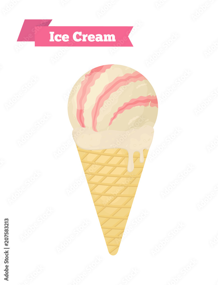 Vector ice cream in cone, cheesecake taste. Cartoon flat style