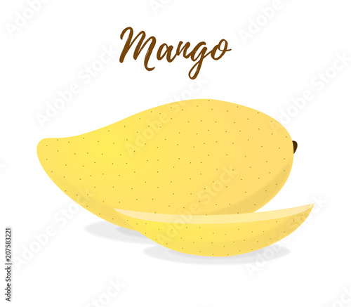 Vector tropical fruit - yellow mango with slices. Cartoon style