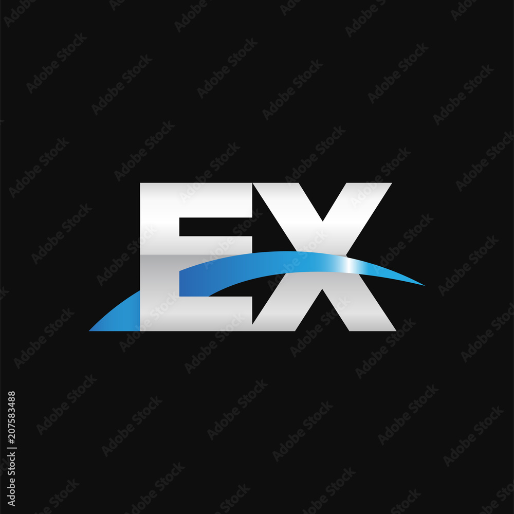 Initial letter EX, overlapping movement swoosh logo, metal silver blue color on black background Initial letter EX, overlapping movement swoosh logo, metal silver blue color on black background