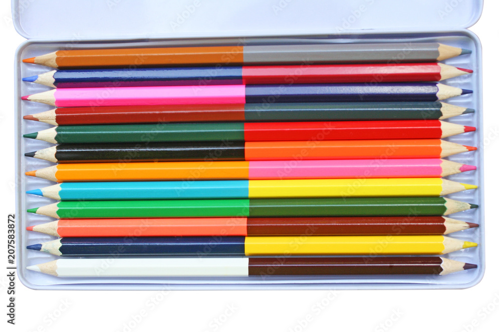 Top view color wood pencils in steel box isolated on white background Top view color wood pencils in steel box isolated on white background