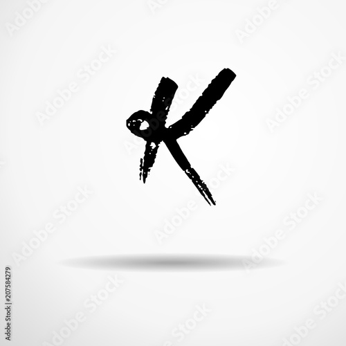 Letter K. Handwritten by dry brush. Rough strokes textured font. Vector illustration. Grunge style alphabet.