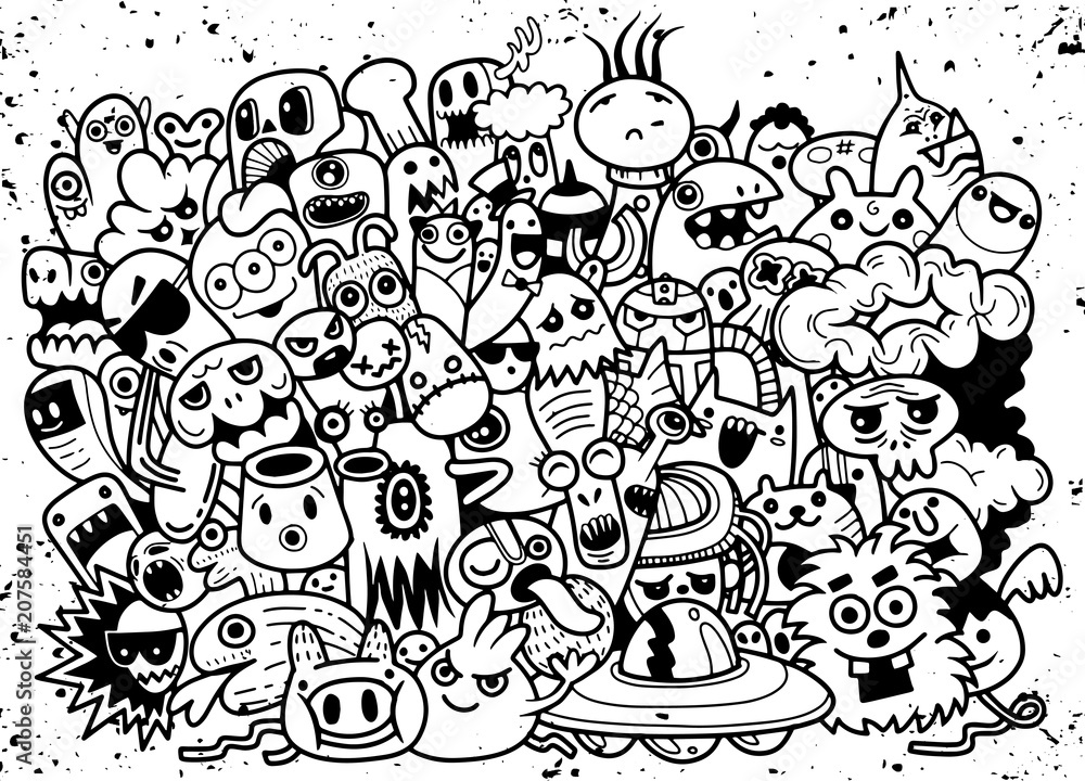 Funny monsters pattern for coloring book. Black and white background ...