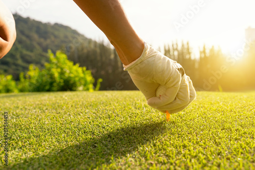 Hand putting golf ball on tee in golf course