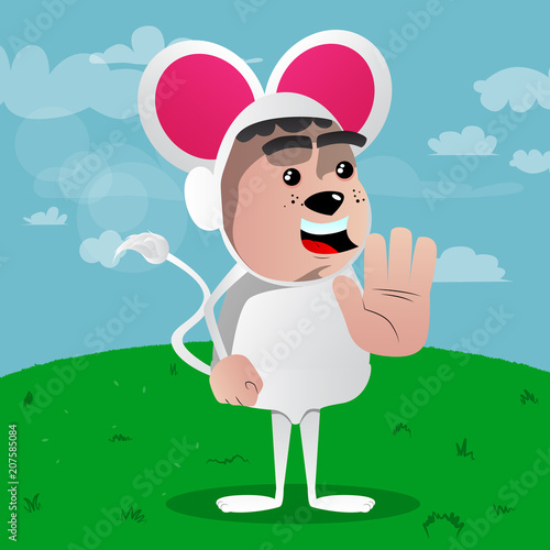 Boy dressed as mouse showing deny or refuse hand gesture. Vector cartoon character illustration.
