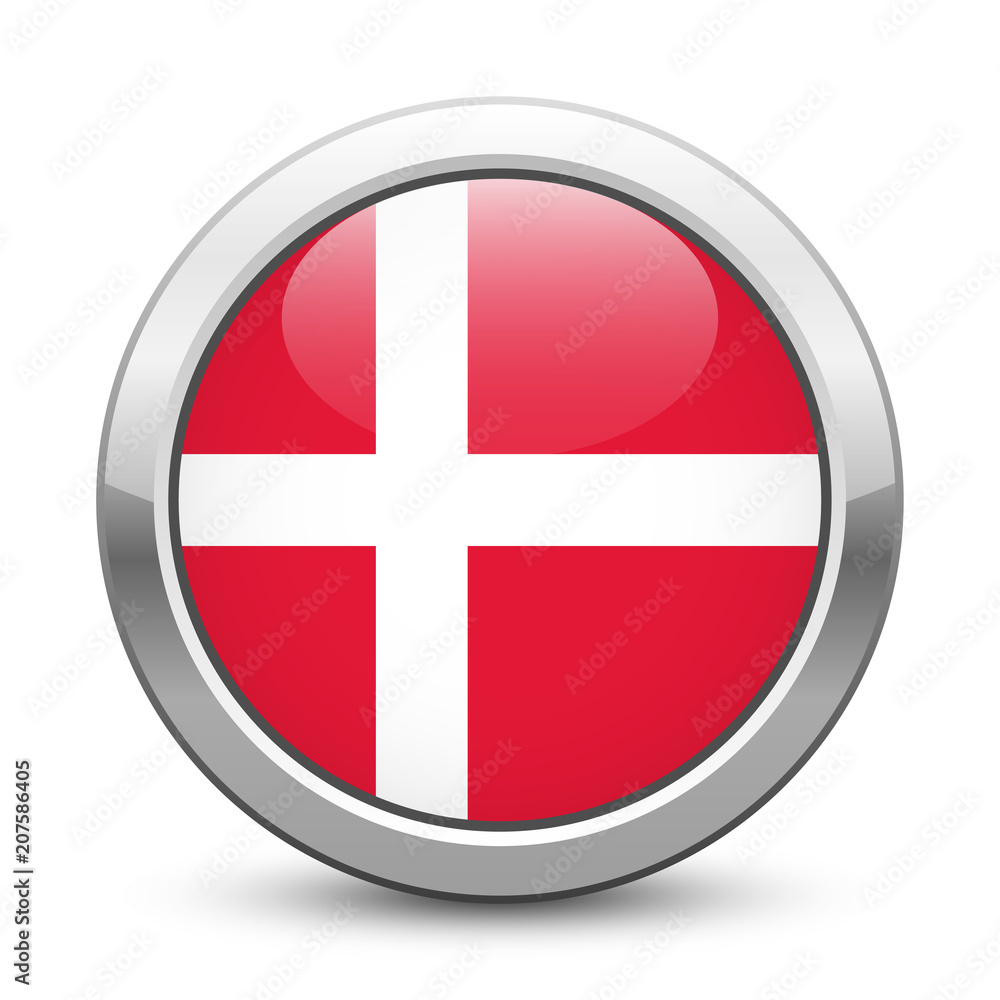 Denmark - shiny metallic button with national flag. Danish symbol isolated on white background. Vector EPS10 Denmark - shiny metallic button with national flag. Danish symbol isolated on white background. Vector EPS10