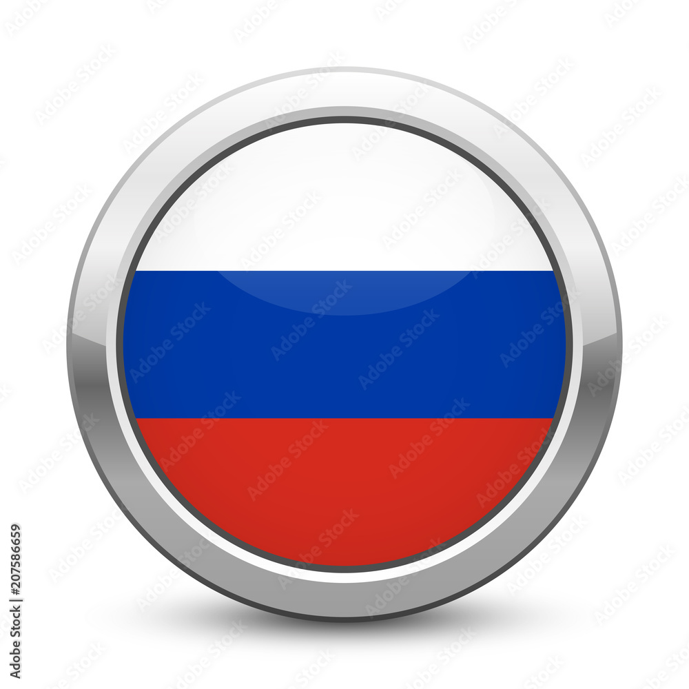 Obraz premium Russia - shiny metallic button with national flag. Russian symbol isolated on white background. Vector EPS10