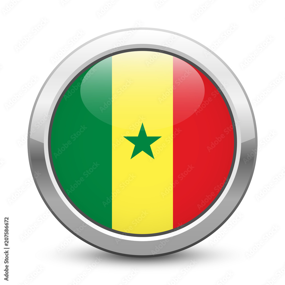 Senegal - shiny metallic button with national flag. Senegalese symbol isolated on white background. Vector EPS10 Senegal - shiny metallic button with national flag. Senegalese symbol isolated on white background. Vector EPS10