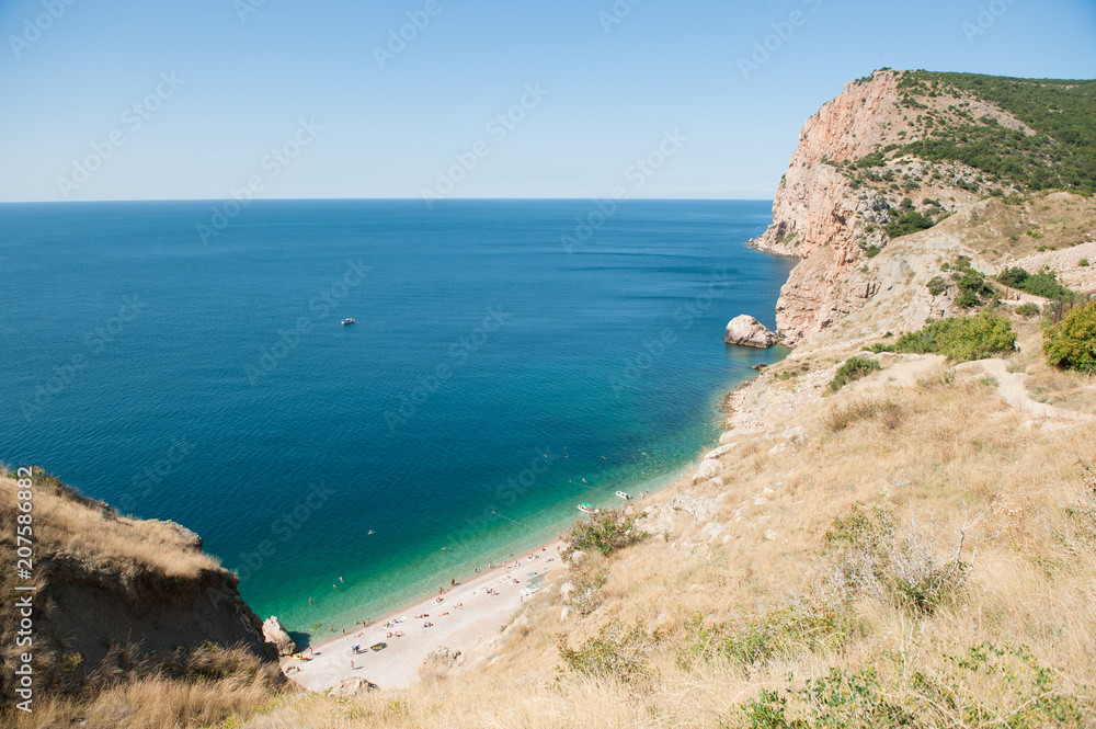 beautiful mediterranean seascape with summer beach with people recreation