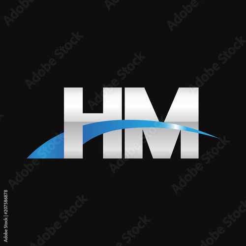 Initial letter HM, overlapping movement swoosh logo, metal silver blue color on black background
